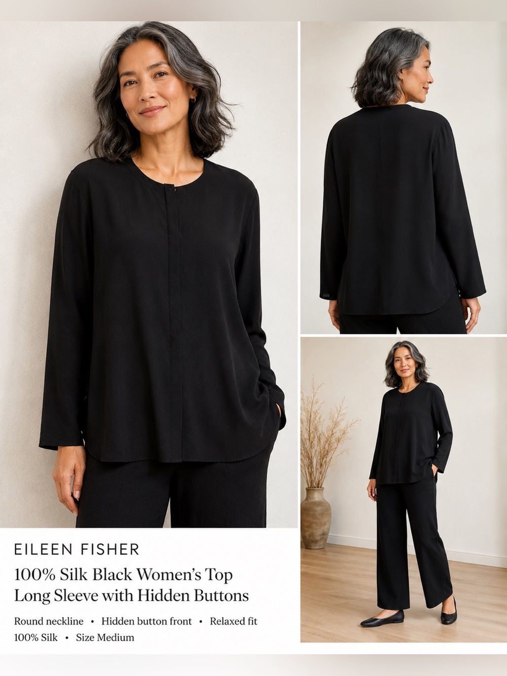Eileen Fisher 100% Silk Black Women's Top Size Medium Long sleeve Hidden buttons
